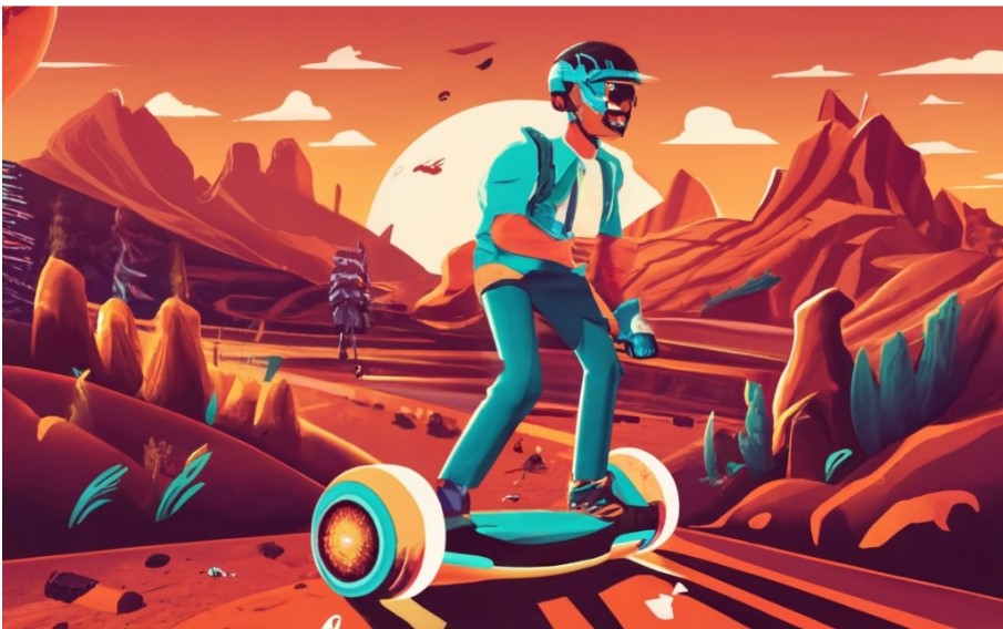 Ein Mann fährt auf einem Hoverboard in der Wüste 